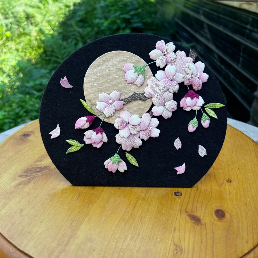 Vintage Silk Japanese Oshie Chirimen Art Plaque Pink Sakura Full Moon Smal Black